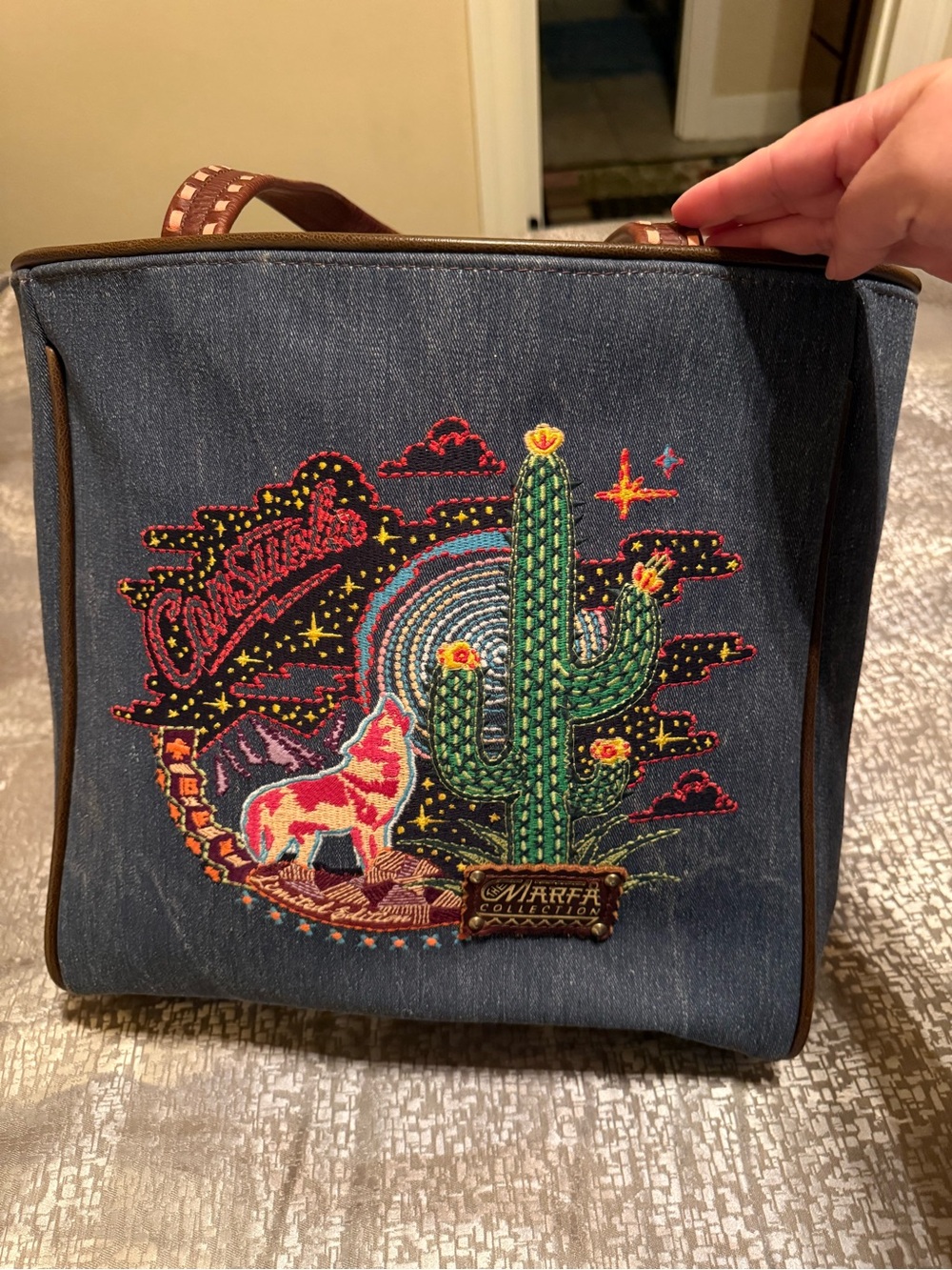 Consuela Denim Tote with Green Cactus & Multicolor Southwestern Embroidery